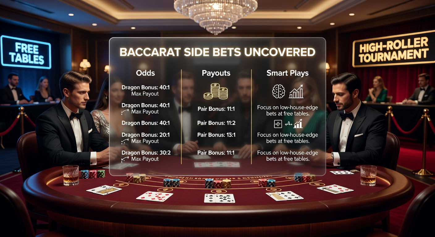 High-Roller-Spieler bei einem Baccarat-Turnier mit Side-Bet-Aktivität auf einem Luxus-Tisch