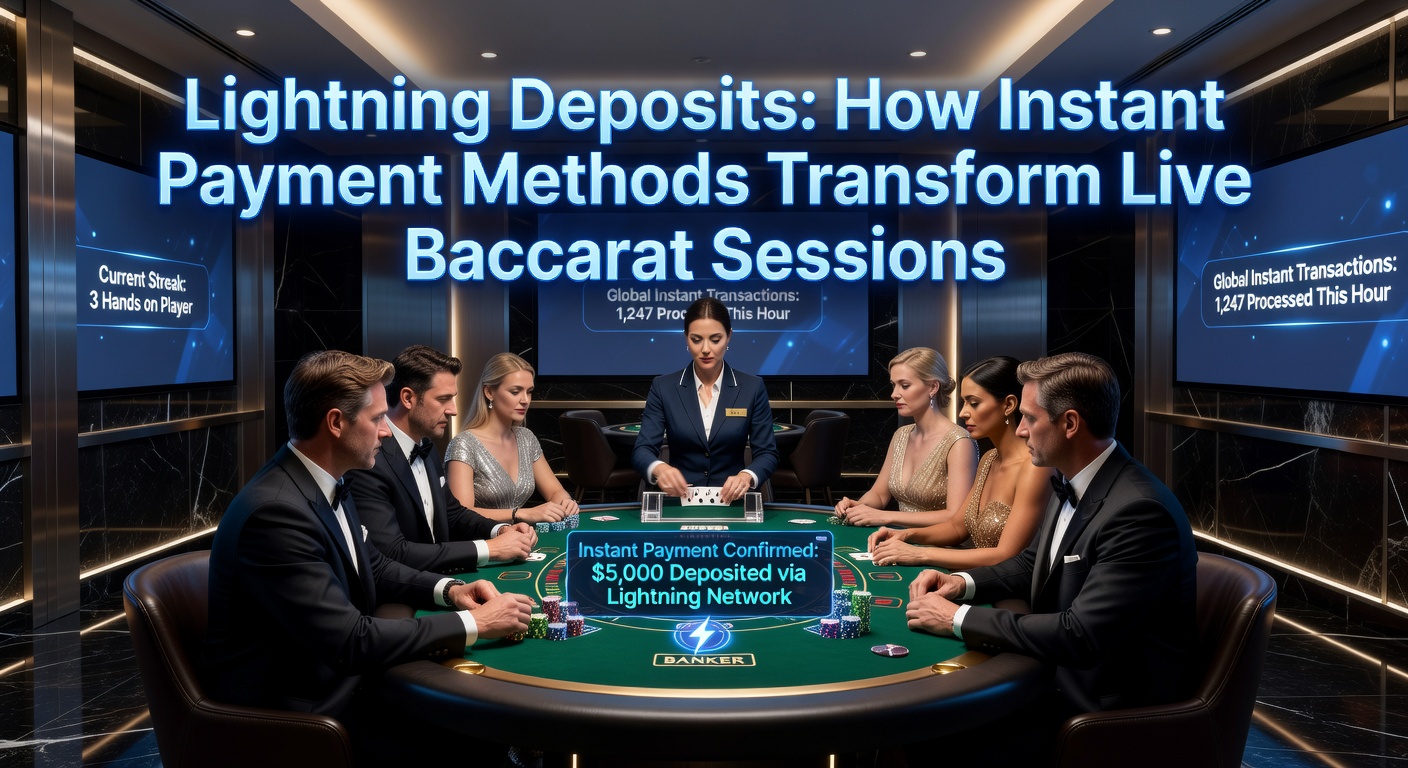 Dynamische Grafik, die blitzschnelle Einzahlungen in einem Live-Baccarat-Spiel darstellt, mit leuchtenden Effekten und Dealer am Tisch